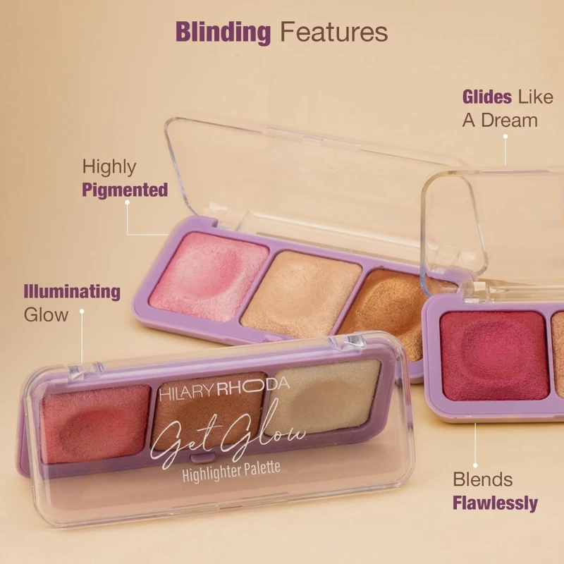 Hilary Rhoda Get Glow Highlighter Palette | Ultra Blendable & Long Lasting | Shimmer Finish & Illuminating Glow | Highly Pigmented & Easy To Blend Shades | 3 Shades in 1 Palette - 15g (Shade - 01) thumbnail 4
